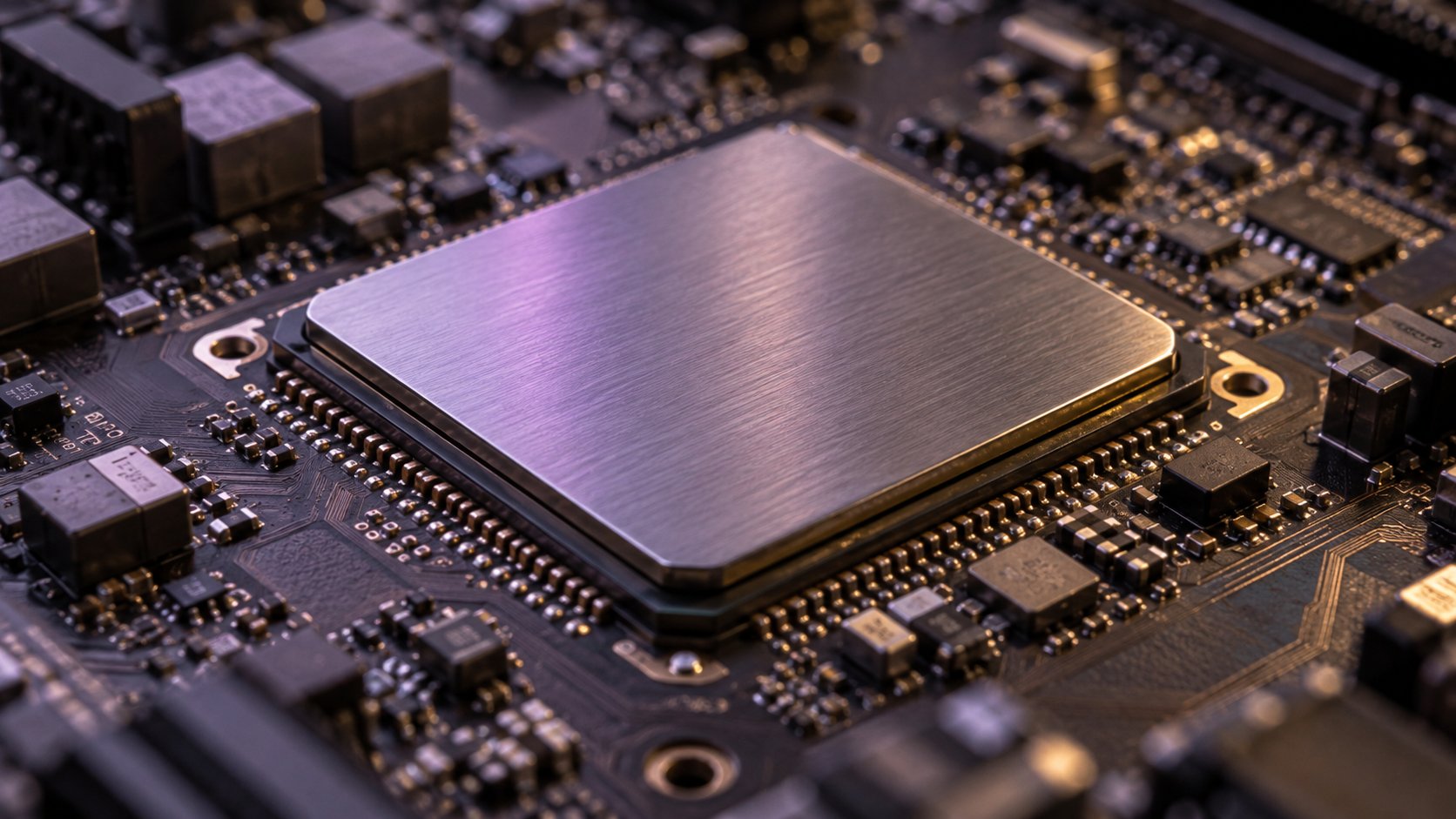 A close-up editorial illustration of a processor with copper and violet details