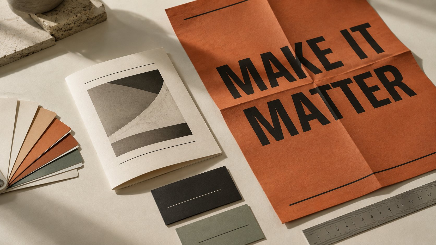 A coordinated terracotta poster, leaflet, business cards and colour samples