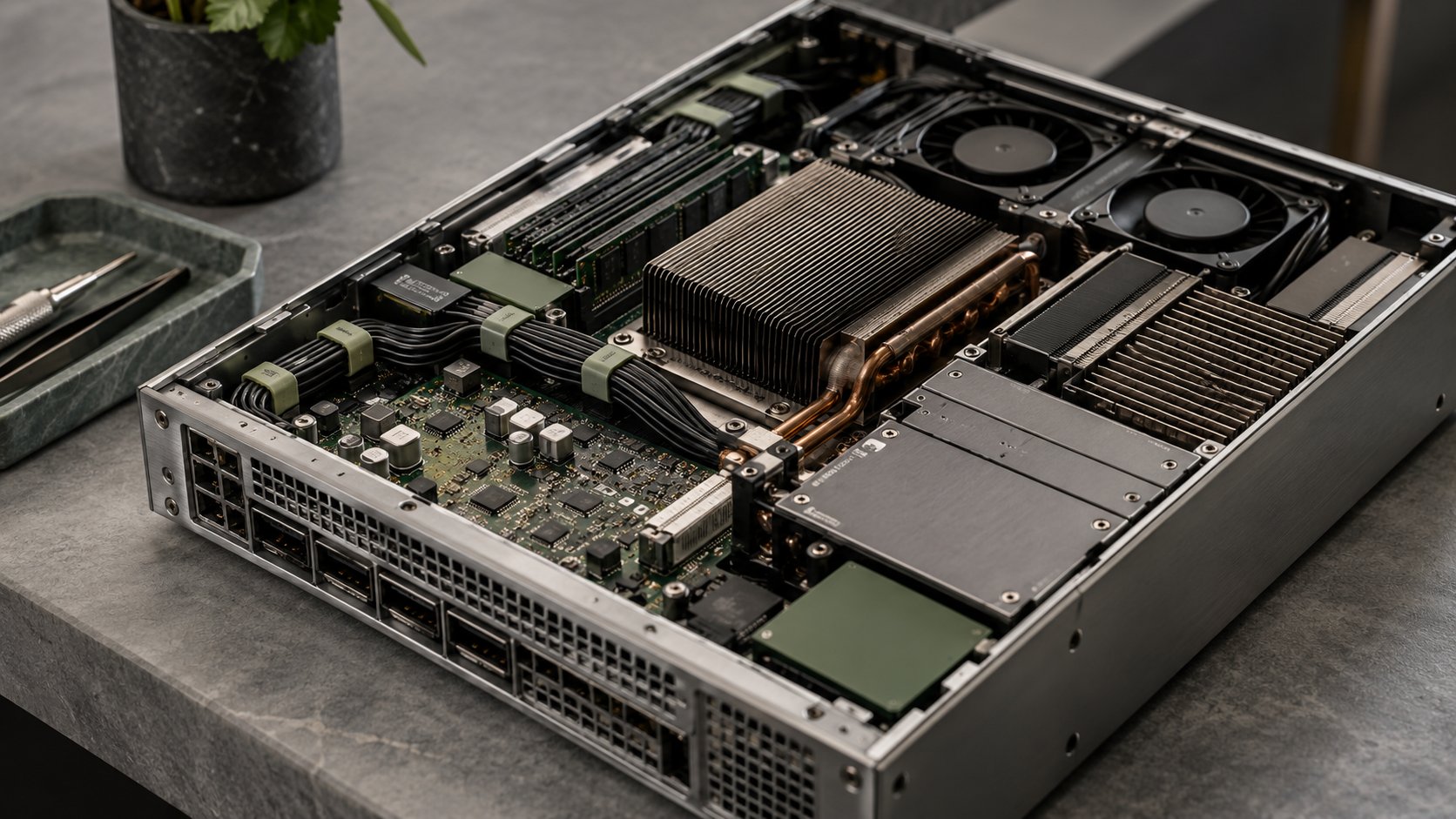 Detailed components and connections inside a compact computer system