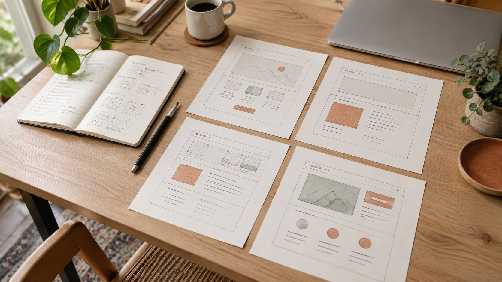 Website wireframes, a notebook and laptop on a warm oak desk